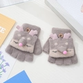 Kids' grey knitted flip-top gloves with pink reindeer antlers for autumn and winter - 3-7 Years / Fox-Khaki