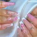 Long coffin press-on nails with pink glitter, French tips, butterfly stickers and rhinestones - Glue Type / Pink Butterfly French Style (CBLCY-379)
