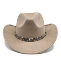 Detail of bohemian khaki felt fedora featuring woven band with evil eye and metal studs - M (56-59cm) / Dark Khaki Suede