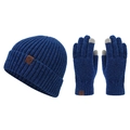 Winter navy blue knitted hat and touchscreen gloves set with premium leather patch - Blue