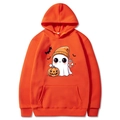 Orange Halloween hoodie with cartoon ghost, pumpkin and bat graphics for autumn wear - Orange