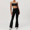 Women's black yoga set with contrast white trim featuring racerback top and flared leggings - S / Sports Bra + Leggings / Premium Black