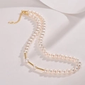 Elegant rice freshwater pearl necklace with gold spacer beads and adjustable chain - Freshwater Pearl Gold Spacer Necklace (W-d-017)