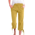 Detail of ginger cotton linen wide-leg pants with adjustable drawstring waist and cuffs - S / Yellow