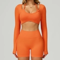Ensemble de yoga sans couture taille haute avec crop top manches longues orange vif - S / Long Sleeve+Shorts - Vibrant Orange