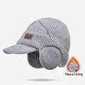 Gray knitted trapper hat for men featuring warm fleece lining and sun visor brim - 9624-Light Gray / Light Gray