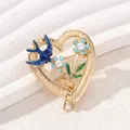 Golden heart brooch with blue enamel bird, small flowers and pearls in vintage style - Heart Rural Bird & Flower (HC0410) / Blue