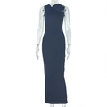 Detail of elegant navy blue bodycon maxi dress with pleated metal accents and halter neck - S / Black