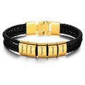 Detailed macro view of triple-layer braided leather bracelet with five gold custom name beads - 19cm / 5 Names / Gold Clasp