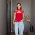 Red two-piece slim tube top with lace shrug and tie-up neckline for women - S / Red