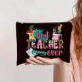 Canvas makeup bag featuring Best Teacher Ever print held by a model for size reference - Best Teacher Ever Campus Style (jiayingpbb0320)