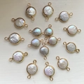 Flat round mother of pearl connector with gold metal rim and double rings for jewelry - No.41 Large Width 11-12mm