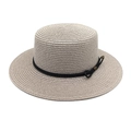 Detailed close-up of a woven wide-brim boater hat with black rope bow accent - M (56-58cm) / Light Gray