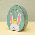 Easter egg-shaped tin box with cute rabbit and chick pattern in teal blue color - Style H