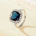 Silver ring with square blue gemstone and crystal halo on adjustable metal band - Platinum Blue Diamond Ljz-266 / Adjustable Open