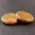 Set of two polished round unakite energy stone discs with green and pink texture - Unakite