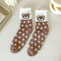 Brown coral fleece socks with white polka dots and cute bear face embroidery - Polka Dot Bear
