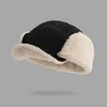 Retro black corduroy pilot trapper hat with warm cream faux shearling lining - One Size (55-58cm) / Black
