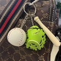 Mini baseball keychain with white ball, neon green glove and wooden bat charm - 3.5CM White Ball Green