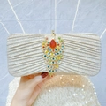 Champagne gold evening clutch bag with colorful rhinestone peacock buckle and pleated fabric - Champagne