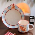 Blue and white striped ceramic coffee mug set with cute 3D brown teddy bear design - Set (Cup+Plate+Spoon)-Fresh Blue Stripes / Blue
