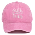 Close-up of Faith Over Fear white embroidery on pink washed cotton baseball cap texture - Adjustable / Pink