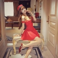 Chic red striped sailor beret hat with bow detail worn with matching red summer dress - M (56-58cm) / Red Bowknot