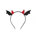 Detail of Halloween headband with red devil horns and black felt bat wings on white background - Horned Bat