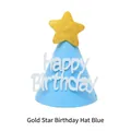 Blue felt party hat featuring a golden glitter star and Happy Birthday 3D lettering - Golden Star Birthday Hat - Blue