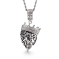 Hip hop silver lion head pendant with iced-out crown and twisted rope chain - Silver Lion Head Pendant (KP55734-BD)