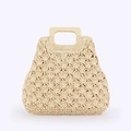 Beige woven handbag with fan pattern texture and light wooden handle for beach vacation - Beige (Shell Pattern)