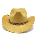 Detail of yellow suede cowboy hat with braided band and evil eye charm embellishment - M (56-59cm) / Yellow Suede