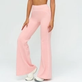 High-waisted light pink yoga flare pants with white contrast stitching and wide leg cut - Peach Pink