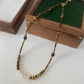 Tiger eye stone beaded necklace with white pearls and vintage gold metal accents - Tiger Eye Pearl Necklace XL0394