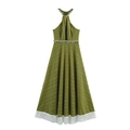 Elegante abito lungo verde oliva con scollo all'americana e orlo con frange bianche - S / Verde Militare