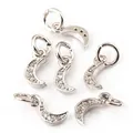 Set of six silver crescent moon charms with white cubic zirconia for DIY jewelry making - Moon / White Gold