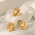 Parure de bijoux dorés avec boucles d'oreilles perles et bague ajustable motif floral - Parure de Boucles d'oreilles et Bague (YYSU024063)