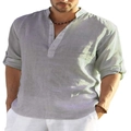 Men's loose linen long sleeve shirt with a Henley collar and buttoned placket in light grey - S / Gray