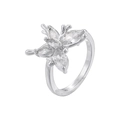 Close-up of silver geometric open ring with petal-shaped marquise-cut zircon stones - VJ638 Butterfly Design / White Gold