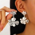 Silver wrinkled double flower drop earrings worn by model for elegant fashion style - Double Layer Petal Pendant Style (N-1013) / Silver