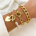 Three-piece gold chain and pearl bracelet set with heart pendant and T-bar clasp - HS1159-1 (Gold 3-Piece Set/Pearl/Heart)