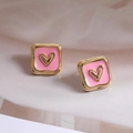 Pink heart-shaped enamel studs in gold-plated square frame for a vintage sweet style - Pink