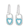 Silver rectangle drop earrings with hollow heart pattern and small blue bead inlays - Platinum-Sky Blue
