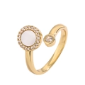 Adjustable gold plated open ring featuring a white shell disc and a sparkling zircon stone - Round Micro-Pave Zirconia Mother of Pearl (CR00796YH)