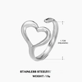Anillo ajustable de acero inoxidable plateado con corazón hueco para mujer - Abierto Ajustable / Color Acero
