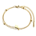 Double-layered golden stainless steel chain bracelet with letter F pendant and beads - Letter F