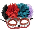 Day of the Dead sugar skull mask with red glitter eyes and colorful floral crown - Flat Top 4 Flowers Red