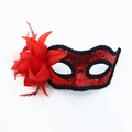 Masquerade eye mask with red sequins, elegant fabric flower and long feathers - No Handle / Red