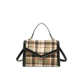 Borsa a tracolla in tweed a quadri marroni con finiture in pelle nera e oro - Marrone