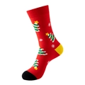 Red Christmas crew sock featuring Santa tree patterns with yellow heel and black toe - One Size / 305-Red Xmas Tree Snowflake